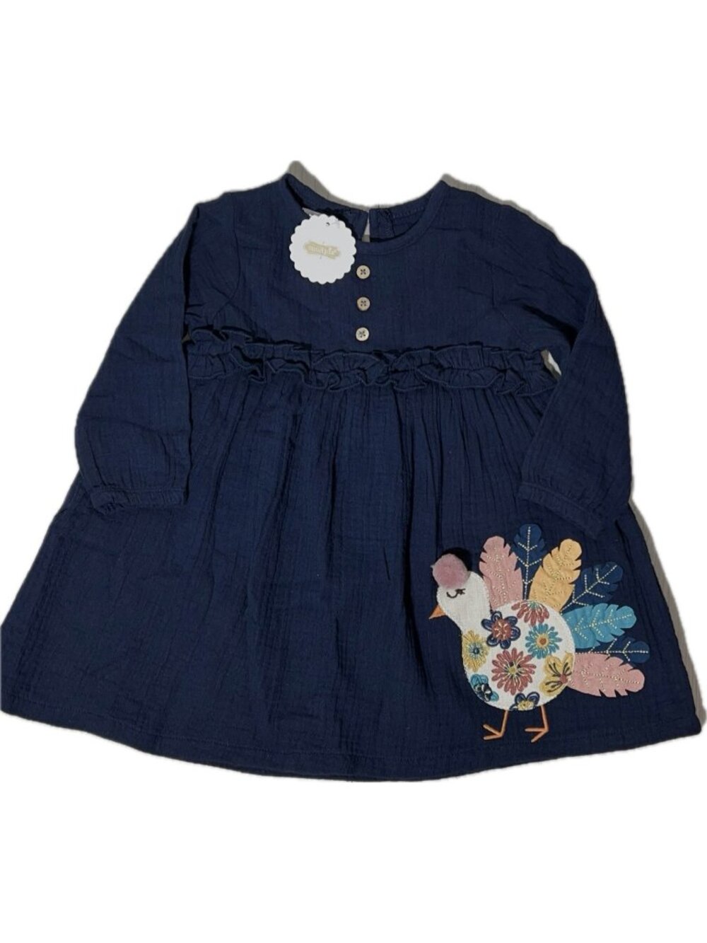 Mud Pie 9m 12m 18m NWT navy blue cotton gauze Thanksgiving turkey dress applique